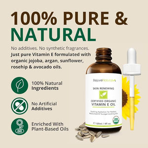 Vitamin E Oil - 100% All Natural &amp USDA Organic (LARGE 4oz Bottle) Repair Dry Damaged Skin from Surgery &amp Acne Age Spots. For Radiant Hydrated &amp Youthful Skin. Face &amp Body Moisturiz