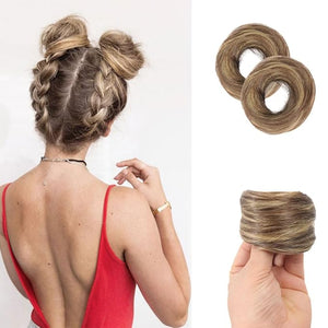 Hair Buns 2 PCS Synthetic Mini Rubber Band Hair Bun Extensions - Ideal Messy Updo Wig Accessories for Daily Use Hair Buns Hair Piece(Brown yellow)