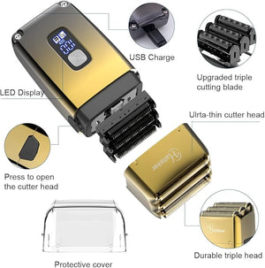 Hatteker Foil Head Shaver Triple Blades Electric Shaver Razor for Men Close Bald Head Barber Trimmer Waterproof Wet &amp Dry Cordless Gold