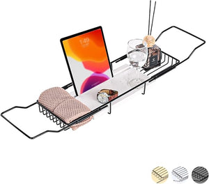 Bathtub Tray Caddy for Luxury Bath Expandable Extra Wide Bath Tub Tray with Natural Marble Tray and Mobile/Tablet Stand Ideal for Home Spa Lovers (Black + White)