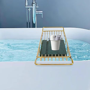 Bathtub Tray for Tub Metal Expandable Extra Wide Bath Caddy Tray for Bathtub with Natural Marble Groove for Bath Spa (Gold Frame Green Marble Base)