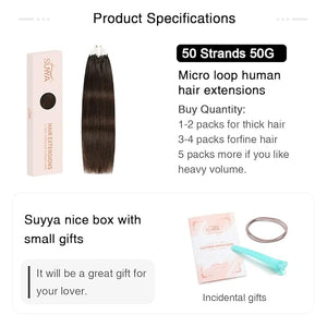 SUYYA Micro Loop Human Hair Extensions Darkest Brown Microlink Hair Extensions Human Hair Straight Micro Links Hair Extensions 50 Strands 50g/Pack for Women(20 inch #2 Darkest Brown)