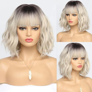 Short Ombre Blonde Bob Wigs for Women Wavy Blonde Wig with Bangs Ash Blond Wig Synthetic Hair Water Wave Medium Length Colorful Wigs£¨14 Inches£©