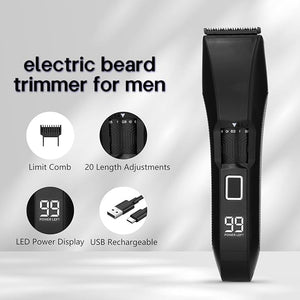 Men's Beard Trimmer 20 Length Adjustable IPX7 Waterproof Cordless Hair Clipper Stainless Steel T-Blade for Precision Facial Hair Trimming for Men LED Display(Black)