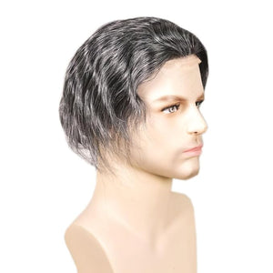 Men's Toupee 10"¡¿8" European Virgin Human Hair Toupee Hair pieces for Men Thin Skin Hair Replacement System Lace Front+ Mono Net with PU around Base for Men (#1b mix 20% grey synthetic hair)