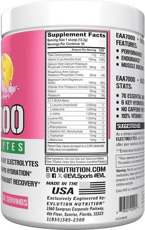 Evlution Nutrition EAA7000 + Electrolytes - Pre &amp Post Workout Powder - Muscle Building + Recovery Supplement - 7g EAAs + 5g BCAAs + 6 Key Electrolytes - Rapid Hydration - 30 Servings - Pink Lemon