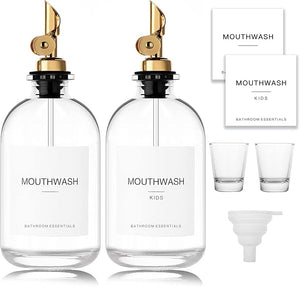 Mouthwash Dispenser for Bathroom 12.7 oz 2 Pack - Glass Mouthwash Bottle with 304 Stainless Steel Spout &amp Minimalist Labels Style Mouthwash Container Gold