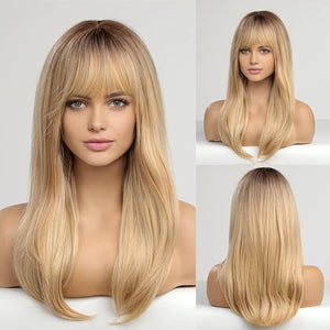 HAIRCUBE Long Layered Synthetic Hair Wigs for Women with Bang (Blonde with Dark Roots)