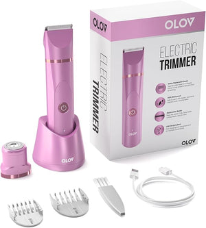 OLOV Electric Body Hair Trimmer - Groin Trimmer for Men - Bikini Trimmer Women - Wet/Dry Shaver Groomer Replaceable Ceramic Blade Heads USB Recharge Dock Waterproof Hygiene Razor Pink