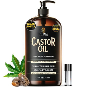 Pure Cold Pressed Castor Oil - Hexane Free Glass Bottle for Hair Growth Face Scalp Skin &amp Eyelashes - Nourishing and Moisturizing - 16 fl oz