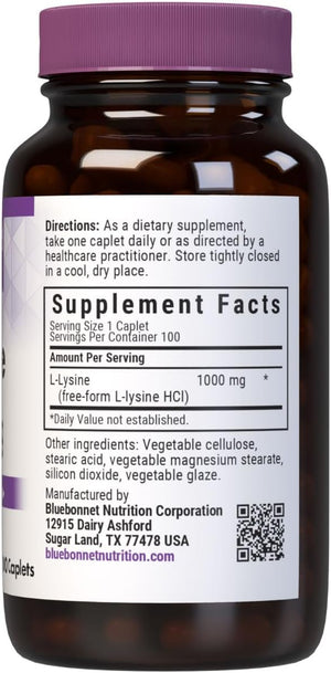 BlueBonnet L-Lysine 1000mg Essential Amino Acids Supplement - Immune &amp Collagen Support Supplements for Women &amp Men - Non-GMO Vegan &amp Gluten-Free - 1000 mg L Lysine Per Serving - 100 Capl