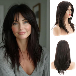 Long Straight Dark Brown Wig Layered Synthetic Hair Wigs with Bangs for Women Daily Party Use