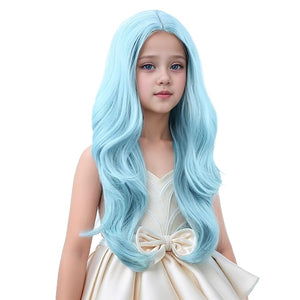 Kid Ice Blue Wig Long Light Blue Wavy Curly Wig for Child Girl Middle Part Wigs Heat Resistant Synthetic Wigs with Cap