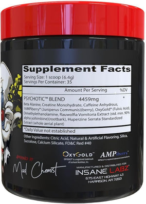 Insane Labz Psychotic High Stimulant Pre Workout Powder Extreme Lasting Energy Focus and Endurance with Beta Alanine Creatine Monohydrate DMAE 35 Srvgs (Strawberry Lemonade)