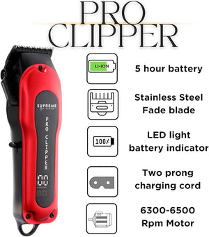 Supreme Trimmer Pro Clipper All Metal w/Fade Blade | 300 Min Run Time Professional Clipper Set Cordless Beard Trimmer | STC5030 Red
