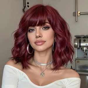 AISI HAIR Purplish Red Synthetic Wavy Curly Bob Wig with Bangs Short Wavy Hair for Women Synthetic Heat Resistant Bob Wigs