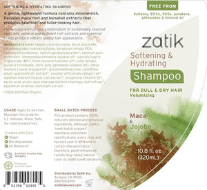 Zatik Naturals - Softening &amp Hydrating Shampoo + Conditioner Set - with Maca and Jojoba for all Hair Vegan Biodegradable pH Balanced Free From Sulfates 10.8 fl oz (One of Each)
