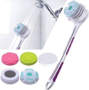 SoulBay Electric Body Brush with 5 Attachments: Rechargeable Back Brush IPX7 Long Handle Exfoliating Spin Scrubber for Shower Bathing Cleansing Wash Deep Cleaning