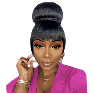 Extra Large Hair Bun and Bang Set 2PCS, Black Braided Bun N Bang Clip-in Updo Bride Chignon with Fringe Ponytail with Bangs Hairpiece for Black Women Wedding Party