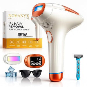 NOVANYX Laser Hair Removal for Women and Men - Permanent Painless Ice Cooling IPL Device Remover Machine with Shaver, Goggles, 999,999 Flashes for Body and Face, Corded