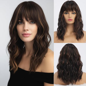 Dark Brown Wigs with Highlight for Women Synthetic 16 inch Medium Length Wigs with Bangs Natural Long Wavy Fringe wig Heat Resistant Hair for Daily Party Use(16 inch)