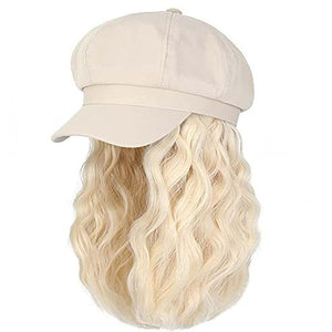 YEKEYI Beret Hat with Hair Newsboy Cap with Bob Hair Extensions Hat Wig Visor Beret Short Curly Wavy Hairpiece for Women