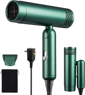 MattTravel Foldable Hair Dryer Fast Drying Ionic Blow Dryer Travel Hair Blow Dryer with Removable Nozzle and Storage Bag Lightweight Portable Hairdryer for Women Green