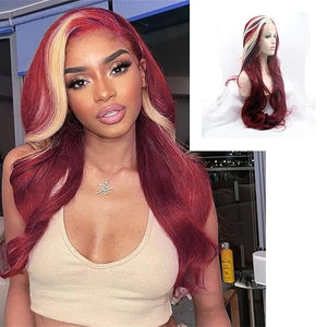 xiweiya Burgundy Lace Front Wig Long Highlight Platinum Blonde 99J Red Body Wave Synthetic Lace Front Wigs 13x3 Crochet Lace Wig Heat Resistant Red Hair Half Hand Tied for Women Drag Queen 26inch