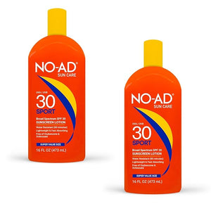 NO-AD SPF 30 SPORT Sunscreen Lotion | Hypoallergenic | Broad Spectrum UVA/UVB Protection | Water Resistant | Octinoxate &amp; Oxybenzone Free with moisturizing Vitamin E and Aloe 16oz | Pack of 2