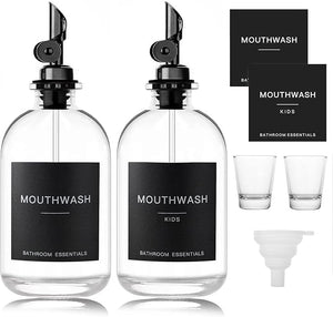 Black Glass Mouthwash Dispenser with Cups 12.7 oz 2 Pack - Clear Mouthwash Bottle with 304 Stainless Steel Spout &amp Minimalist Labels Style Mouthwash Container for Bathroom