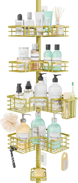 SWTYMIKI Shower Caddy Tension Pole - 4-Tier Corner Shower Organizer Tension Rod with Soap Holder Toothbrush Holder &amp 4 Hooks Adjustable Stainless Steel Bathroom Organizer 27.6 to 108.3 inch Gol