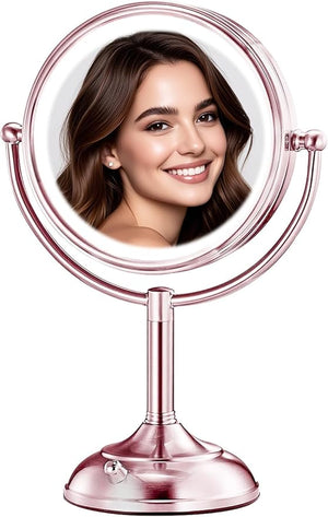 VESAUR Lighted Makeup Mirror Rose Gold Nickel, Double Sided 1X/10X HD Undistorted Magnifying Mirror, 8.5" Vanity Mirror with 3 Colors Dimmable 90 Bright LEDs, 360¡ÆSwivel Two Power Supply, Luxury Gifts