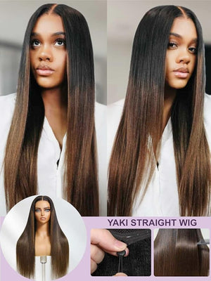 YIROO Bye Bye Knots Chestnut Brown Ombre Light Yaki Straight Wig Human Hair7x5 Lace Front Glueless Wig with DrawstringPre Cut Pre Plucked Pre Bleached Knots Natural Hairline Wig for Women 26Inch