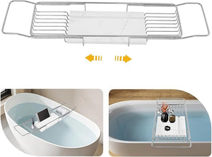 Expandable Bathtub Tray Caddy for Bath Relaxing Bath Table Tub Tray Adjusts from 26.77-35.43 in Ideal for Housewarming Multifunctional Bathtub Bathroom Organizer (Silver+White)