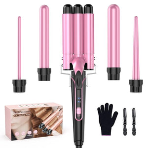 Waver Curling Iron Wand - BESTOPE PRO 5 in 1 Curling Wand Set with 3 Barrel Hair Crimper for Women Fast Heating Crimper Wand Curler in All Hair Type Women Gifts - Pink