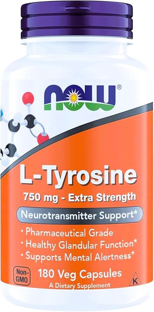 NOW Foods Supplements L-Tyrosine 750 mg Supports Mental Alertness* Neurotransmitter Support* 180 Veg Capsules