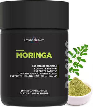 Livingood Daily Moringa Capsules Moringa Supplement for Energy Sleep Satiety Hair Skin Nails &amp Wellness Plant Based Vegetarian Gluten Free Non GMO Vegan Daily Greens Superfood 60 Capsu