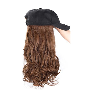 Women's Wig Cap - Long Curly &amp Wavy Wig - Integrated Baseball Cap - One Size Fits All - Brown