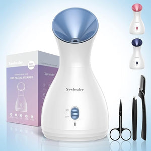 Newbealer 2in1 Facial Steamer Hot Mist Facial Aromatherapy Humidifier Atomizer Large Face Steamer Unclogs Pores Sinuses Moisturizing Home Sauna Spa with Eyebrow Set (Blue 170ml)