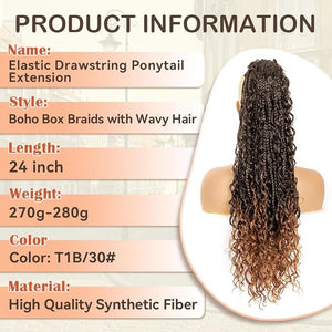 Drawstring Ponytail for Women 24 inch Boho Braids with Long Wavy Hair Ponytail Extension Clip in Synthetic Hair Extensions Ponytail for Daily Use (T1B/30# 24 Inch)