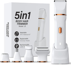 5-in-1 Bikini Trimmer for Women, IPX7 Waterproof Electric Razors Shaver, Cordless Body Hair Trimmer, Facial &amp; Pubic Hair Removal, Ceramic Blade (White)