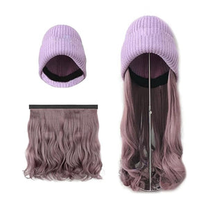 Women Winter Beanie Hat with Big Wavy Curly Hair Knit Attached ski snow Cap wig