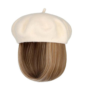 Hat Wig Beret Hat with Hair Extensions Classic French Wool Hat Straight Short Bob Hairpiece Women Bob Wig Hats