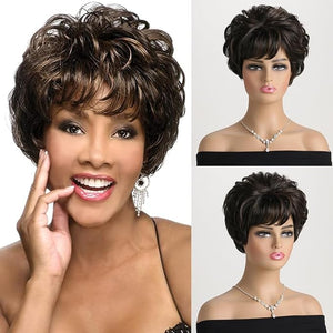 Short Curly Dark Brown Wigs Human Hair Mixed Synthetic Fluffy Natural Looking for Women Daily Use Heat Resistant
