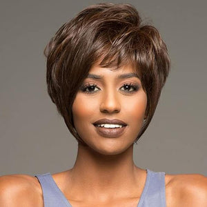 Short Brown Pixie Cut Wigs Human Hair Mixed Synthetic with Bangs Wavy Layered Natural Looking for White Women Daily Use (Brown #4/30)