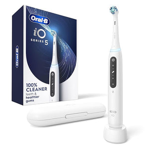 Oral-B iO Series 5 Rechargeable Electric Toothbrush with Visible Pressure Sensor to Protect Gums 2 Minute Timer 5 Cleaning Settings 1 Replacement Toothbrush Heads and Travel Case White