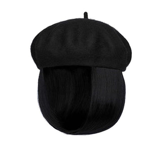 Hat Wig Beret Hat with Hair Extensions Classic French Wool Hat Straight Short Bob Hairpiece Women Bob Wig Hats