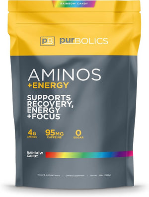 Purbolics Aminos + Energy | Supports Recovery, Energy &amp; Focus | 95mg of Caffeine, 0 Sugar &amp; 60 Servings (Rainbow Candy)