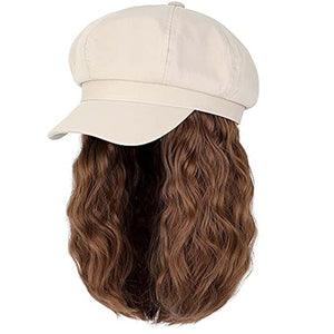 YEKEYI Beret Hat with Hair Newsboy Cap with Bob Hair Extensions Hat Wig Visor Beret Short Curly Wavy Hairpiece for Women