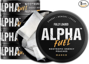 Fully Loaded Alpha Fuel Nootropic Pouches (Mango Fuel) - 5 cans 15 Pouches per can - Energy Pouches containing Caffeine and nootropic Blend